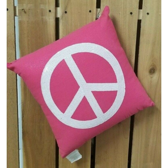 Pillow Hot Pink Bright with White Sequin Peace Sign Decoration Teen Square 16x16 - Picture 1 of 2